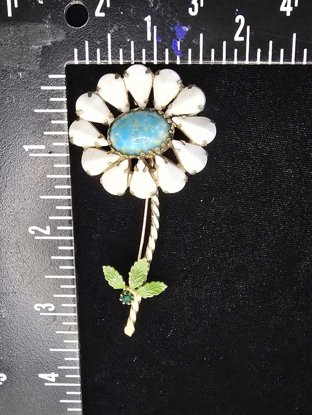Vintage Rhinestone White Turquoise Daisy Brooch 1950s 1960s Spring Summer - Picture 6 of 7